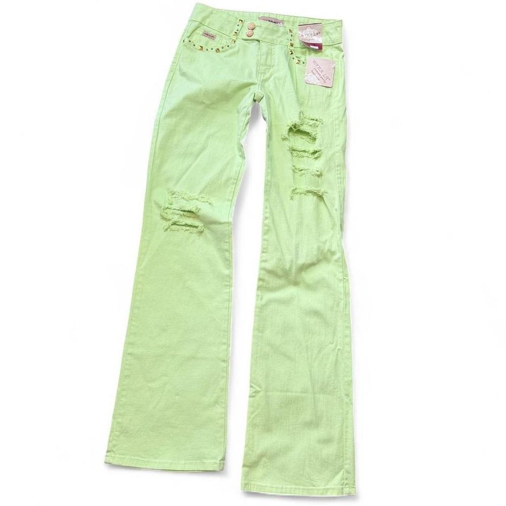 Y2K Neon Green Low Rise Studded Ripped Flare Jeans, Women's Size 5/6